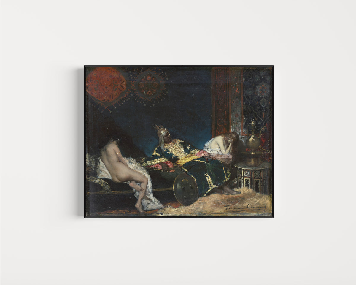 Framed art print of The Serbian Concubine by Jean-Joseph Benjamin-Constant, in a slim black frame on a plain white wall