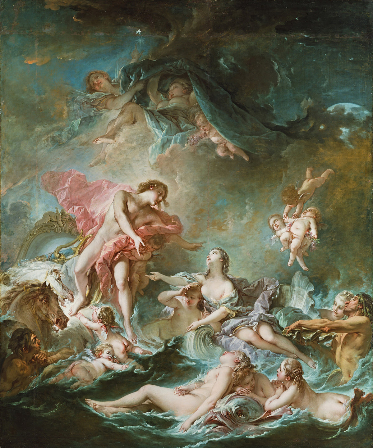 The Setting of the Sun by François Boucher — Stars and a sliver of moon over sea nymphs and a gilded chariot