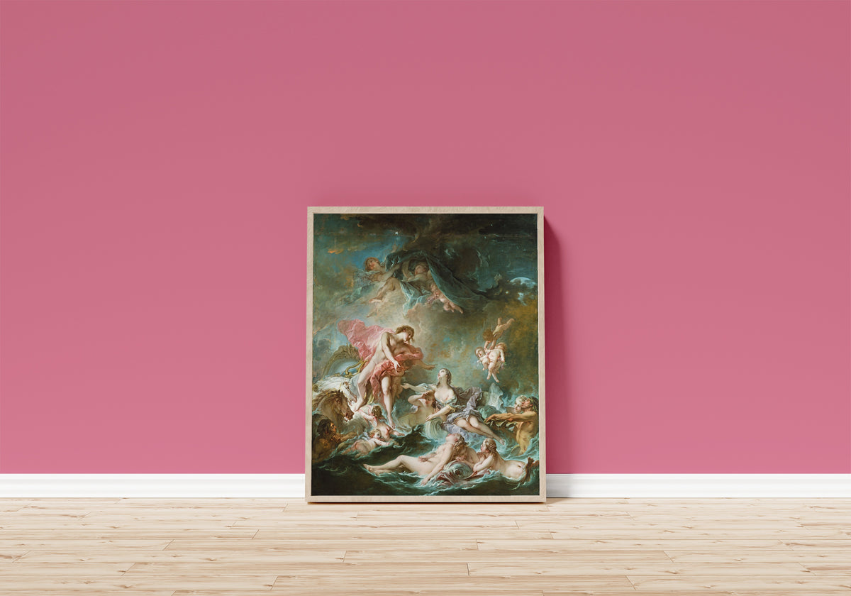 Framed art print of The Setting of the Sun by François Boucher, in a light wood frame leaning on a pink wall above a wooden floor