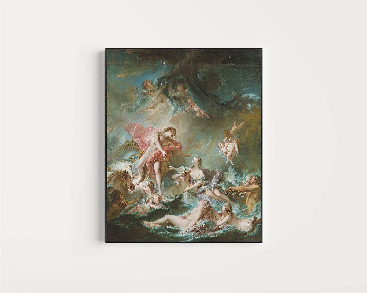 Framed art print of The Setting of the Sun by François Boucher, in a slim black frame on a plain white wall