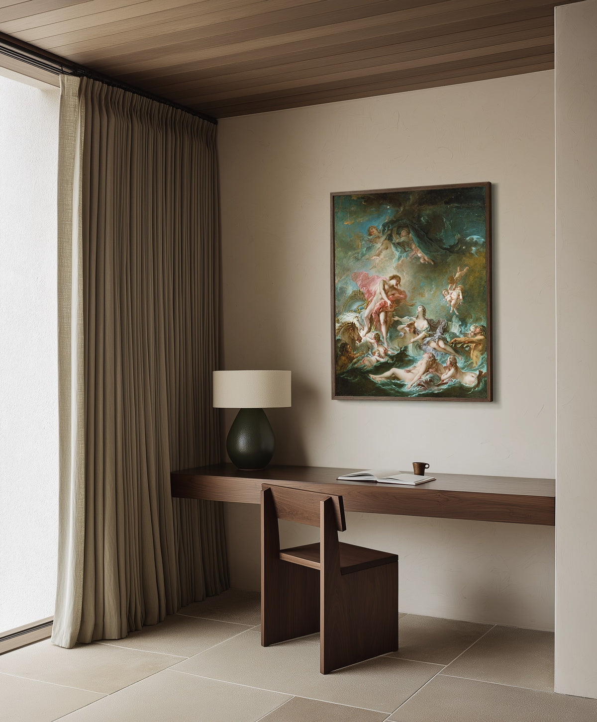 Framed art print of The Setting of the Sun by François Boucher, in a dark wood frame on a plaster wall above a walnut desk