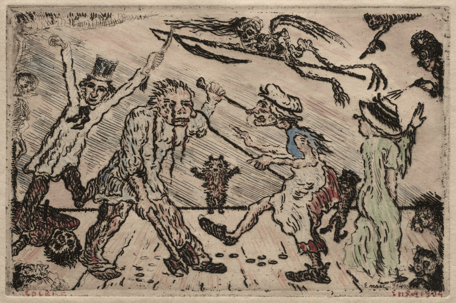 James Ensor — The Seven Deadly Sins: Anger | Etching Print shown to scale on a wall above a sofa