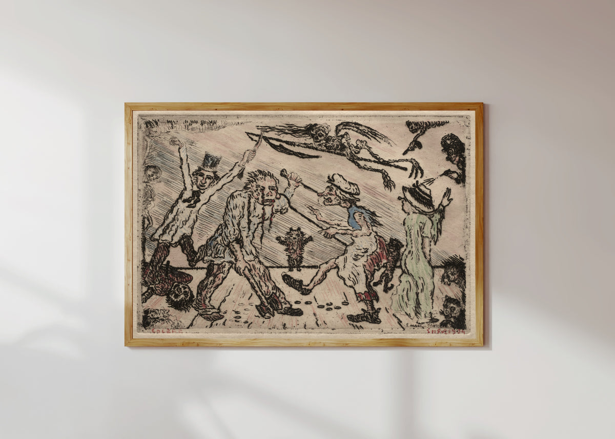 Framed art print of The Seven Deadly Sins: Anger by James Ensor, in a light wood frame on a sunlit white wall