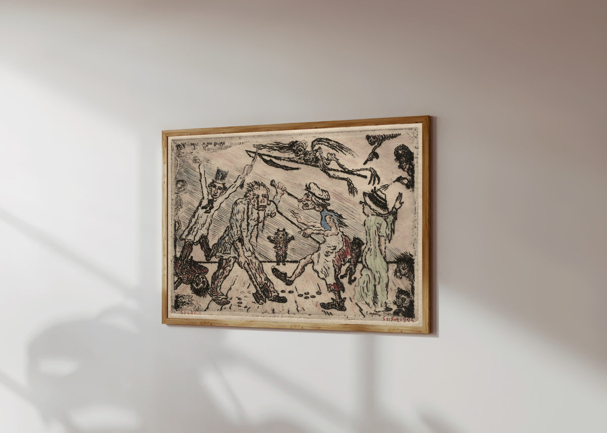 Framed art print of The Seven Deadly Sins: Anger by James Ensor, in a light wood frame on a sunlit white wall, seen at a slight angle