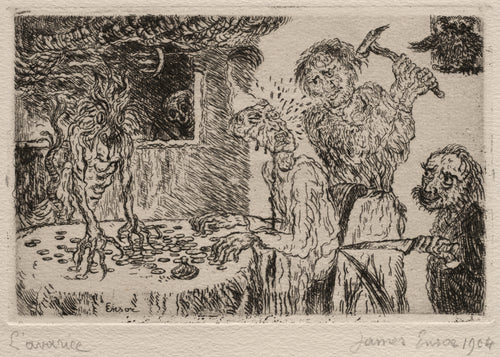 The Seven Deadly Sins: Avarice by James Ensor — A miser over his coins is struck down by hammer and knife