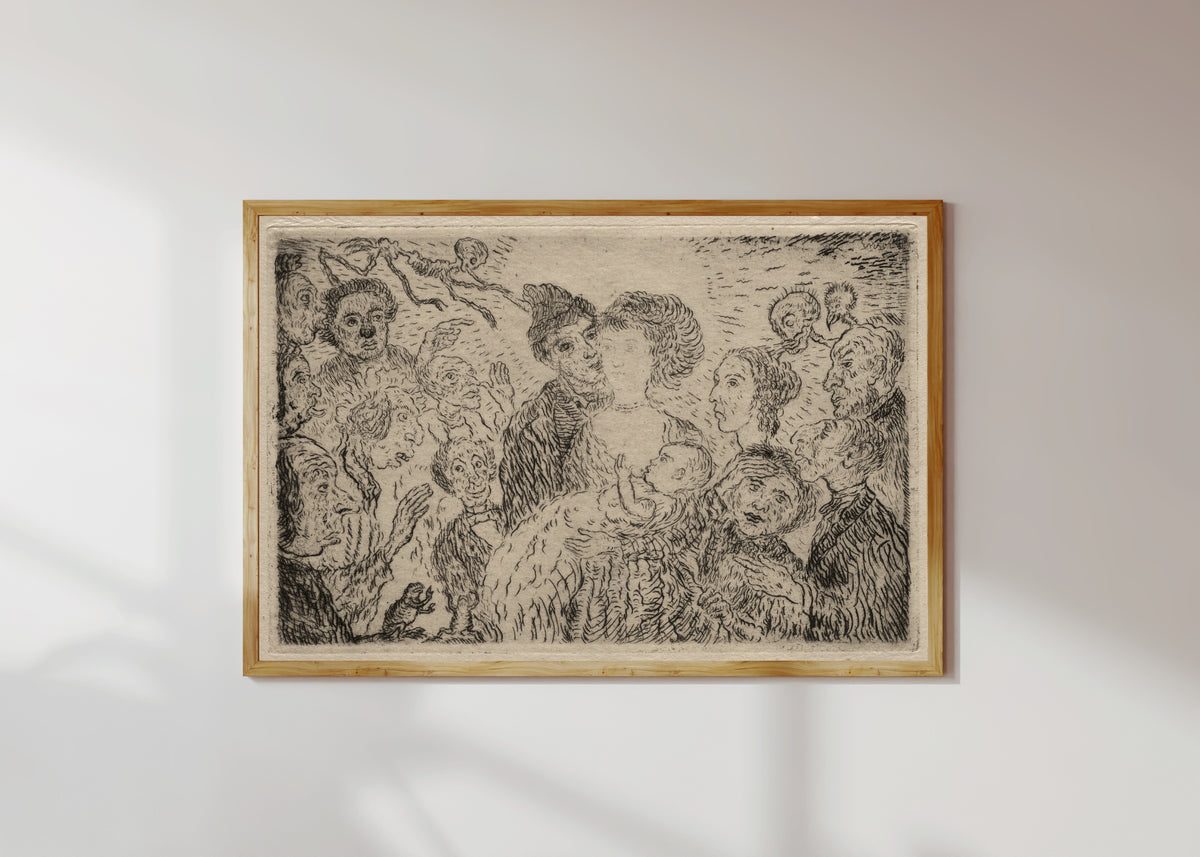 Framed art print of The Seven Deadly Sins: Envy by James Ensor, in a light wood frame on a sunlit white wall