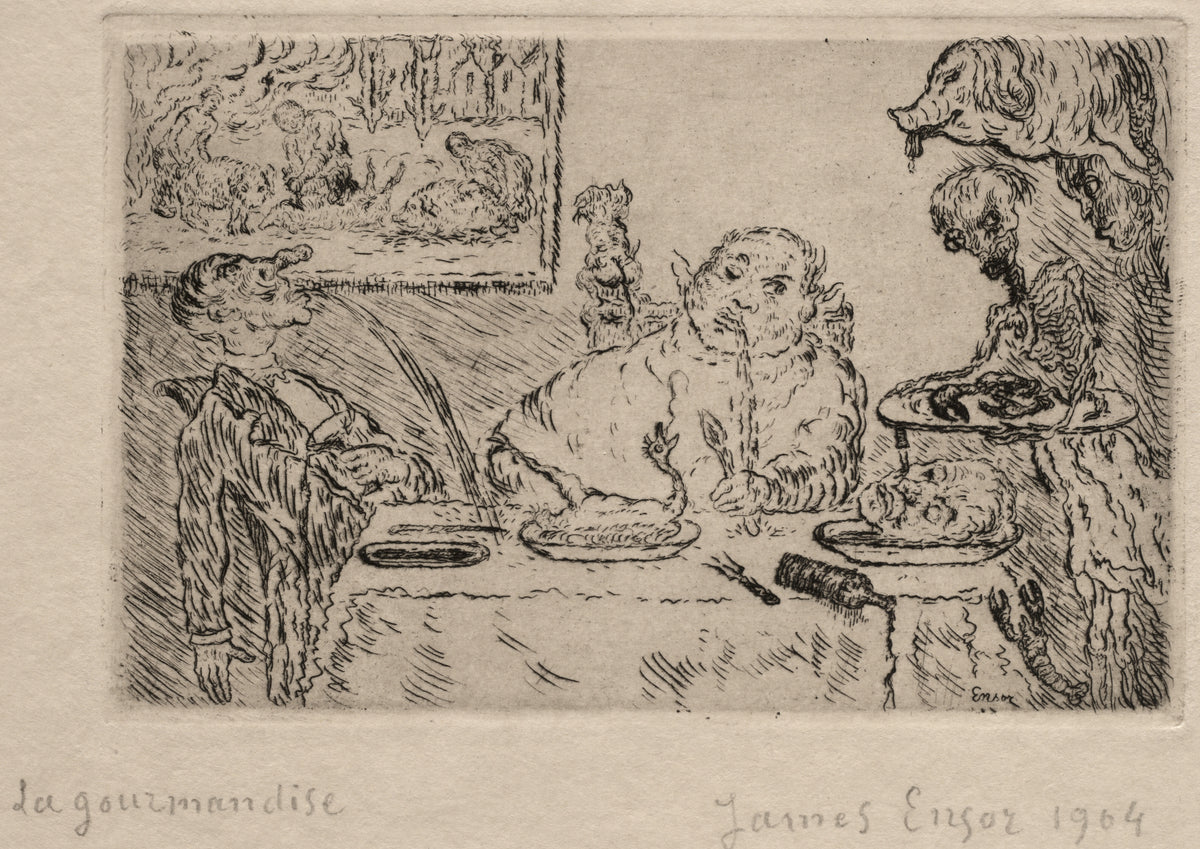 The Seven Deadly Sins: Gluttony by James Ensor — Gorging diners and a skeletal waiter at a laden table