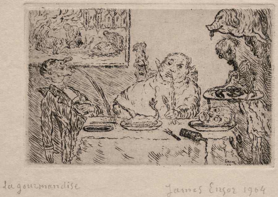 James Ensor — The Seven Deadly Sins: Gluttony | Etching Print shown to scale on a wall above a sofa