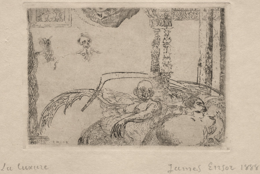 James Ensor — The Seven Deadly Sins: Lust | Etching Print shown to scale on a wall above a sofa