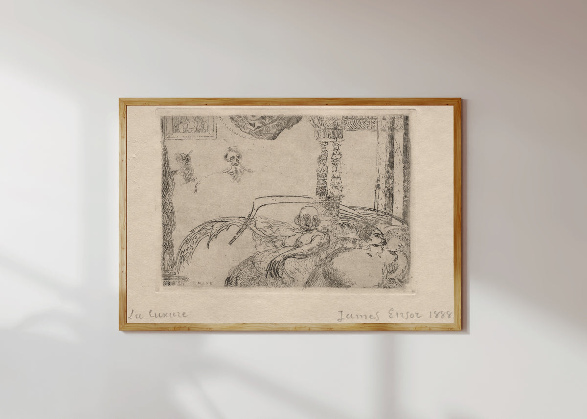 Framed art print of The Seven Deadly Sins: Lust by James Ensor, in a light wood frame on a sunlit white wall