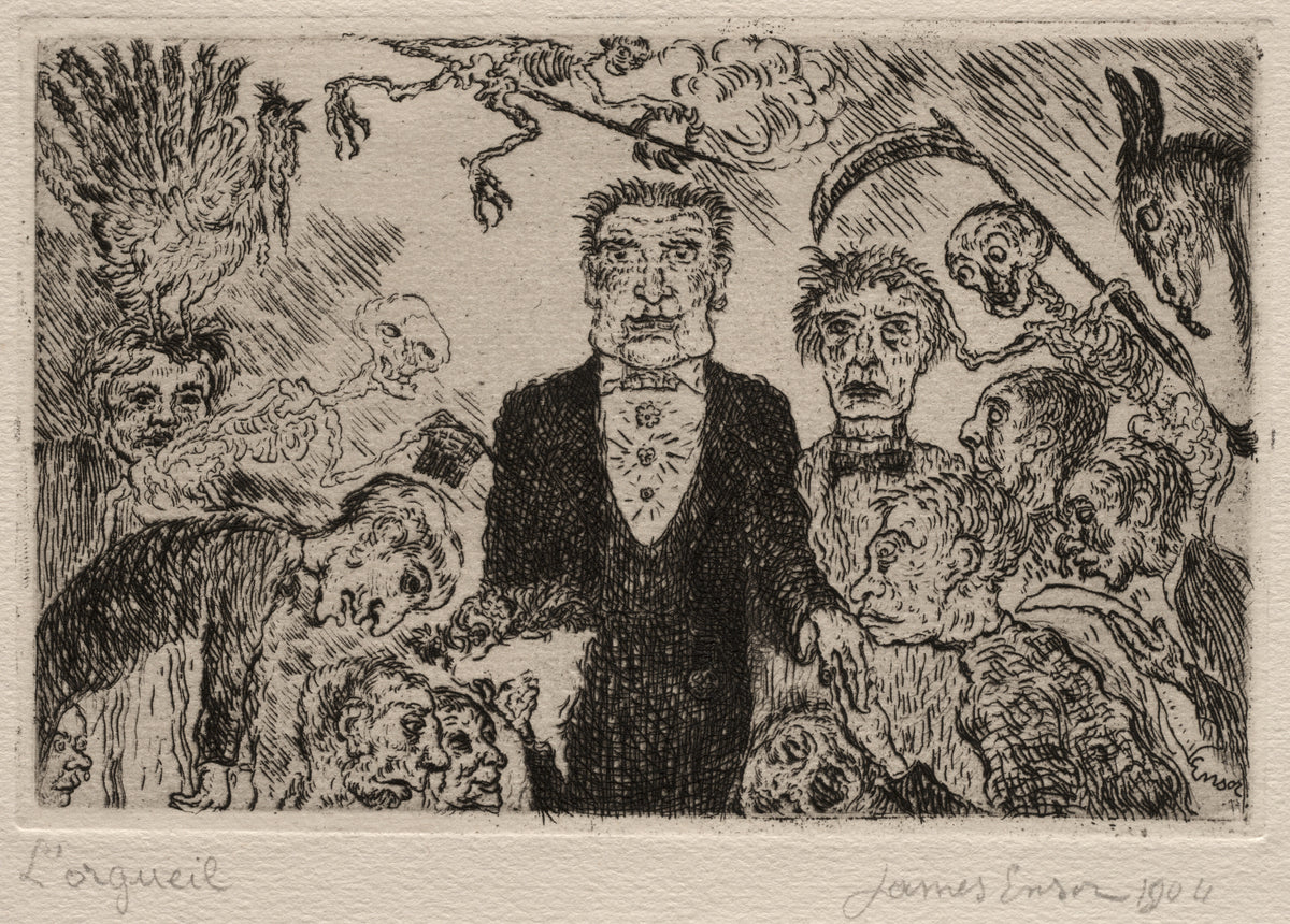 The Seven Deadly Sins: Pride by James Ensor — A haughty man in evening dress stands amid bowing grotesques