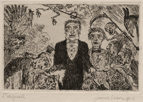 The Seven Deadly Sins: Pride by James Ensor — A haughty man in evening dress stands amid bowing grotesques