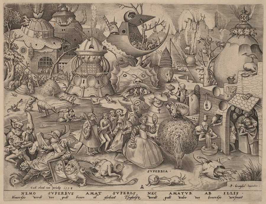Pieter Bruegel the Elder — The Seven Deadly Sins: Pride | Engraving Print shown to scale on a wall above a sofa