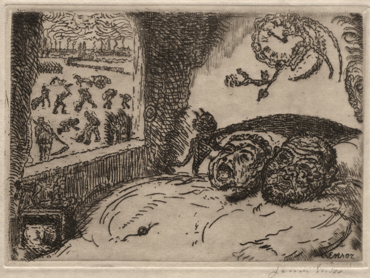 The Seven Deadly Sins: Sloth by James Ensor — Two sleepers sink into a vast pillow as a winged clock flies by