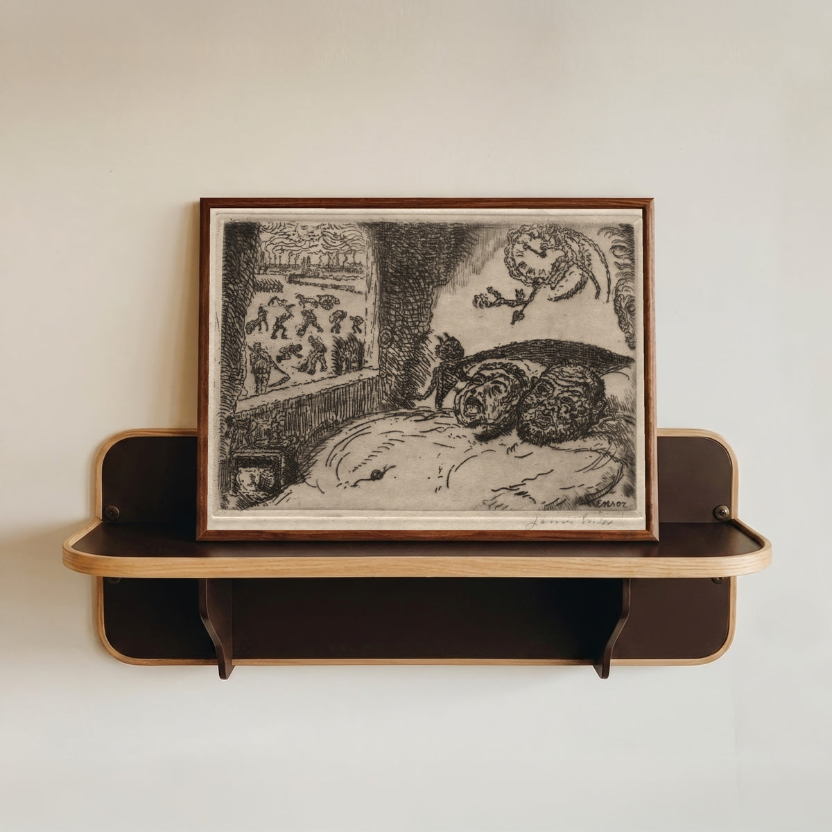 Framed art print of The Seven Deadly Sins: Sloth by James Ensor, in a dark wood frame resting on a wall shelf