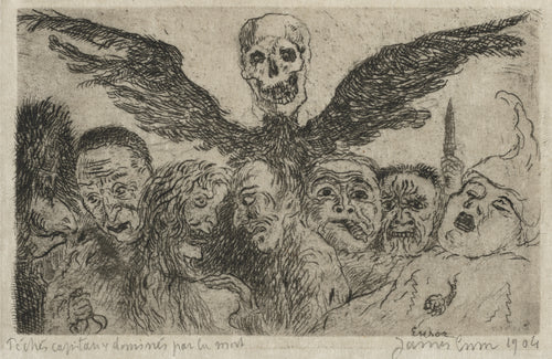 The Seven Deadly Sins Dominated by Death by James Ensor — A winged skull spreads its wings over seven grimacing faces
