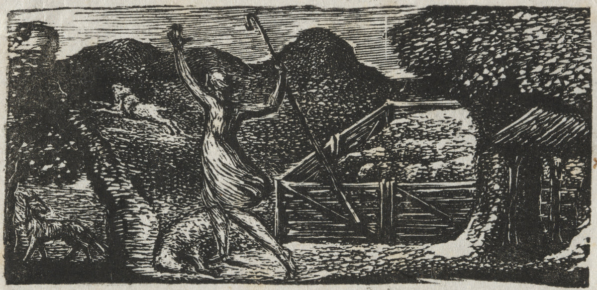 The Shepherd Chases Away a Wolf (Pastorals of Virgil) by William Blake — A shepherd raises his crook to drive a wolf from the fold