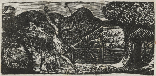 The Shepherd Chases Away a Wolf (Pastorals of Virgil) by William Blake — A shepherd raises his crook to drive a wolf from the fold