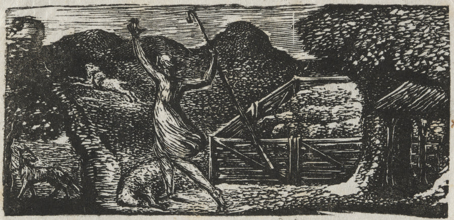 William Blake — The Shepherd Chases Away a Wolf (Pastorals of Virgil) | Engraving Print shown to scale on a wall above a sofa