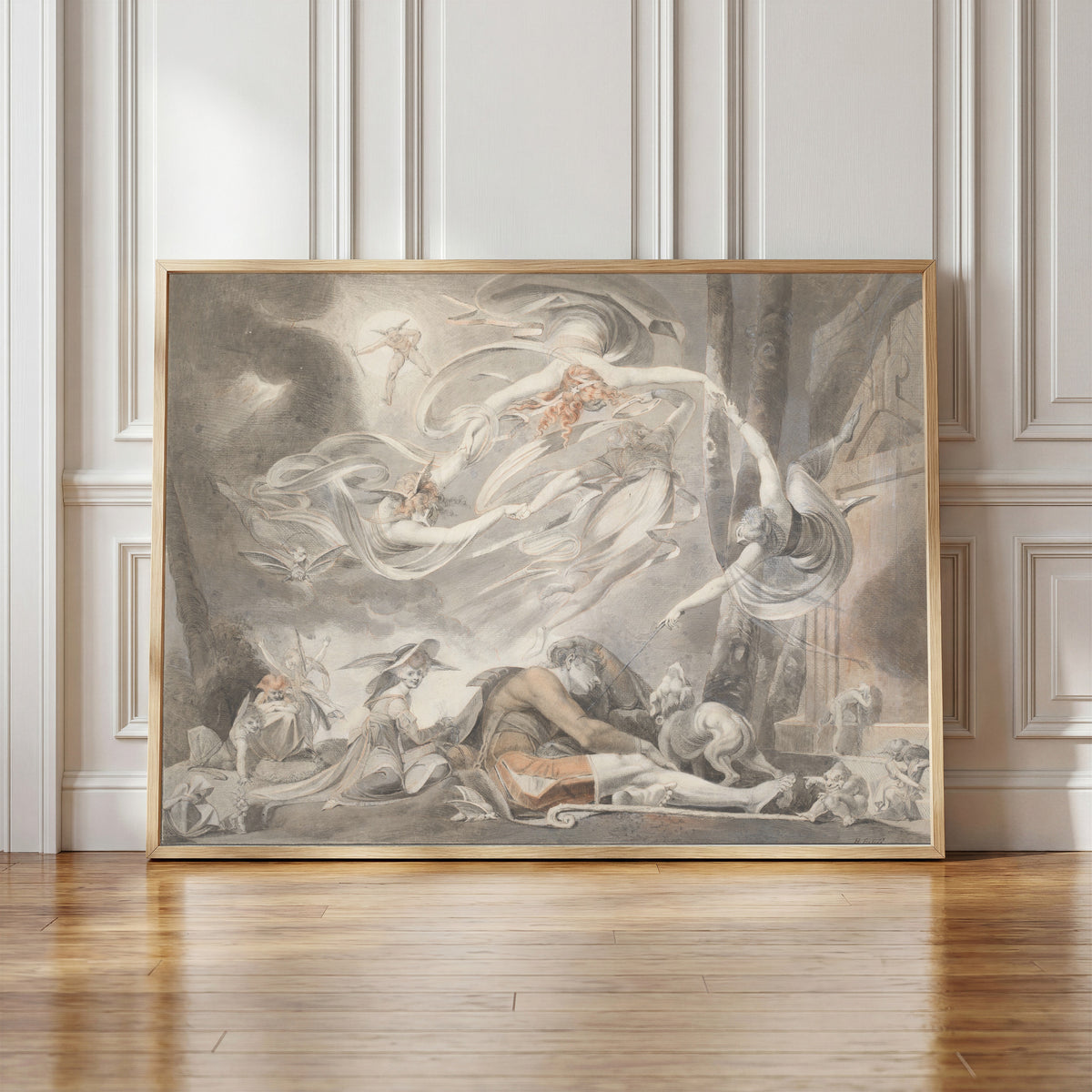 Framed art print of The Shepherd's Dream by Henry Fuseli, in a light wood frame leaning against a panelled white wall