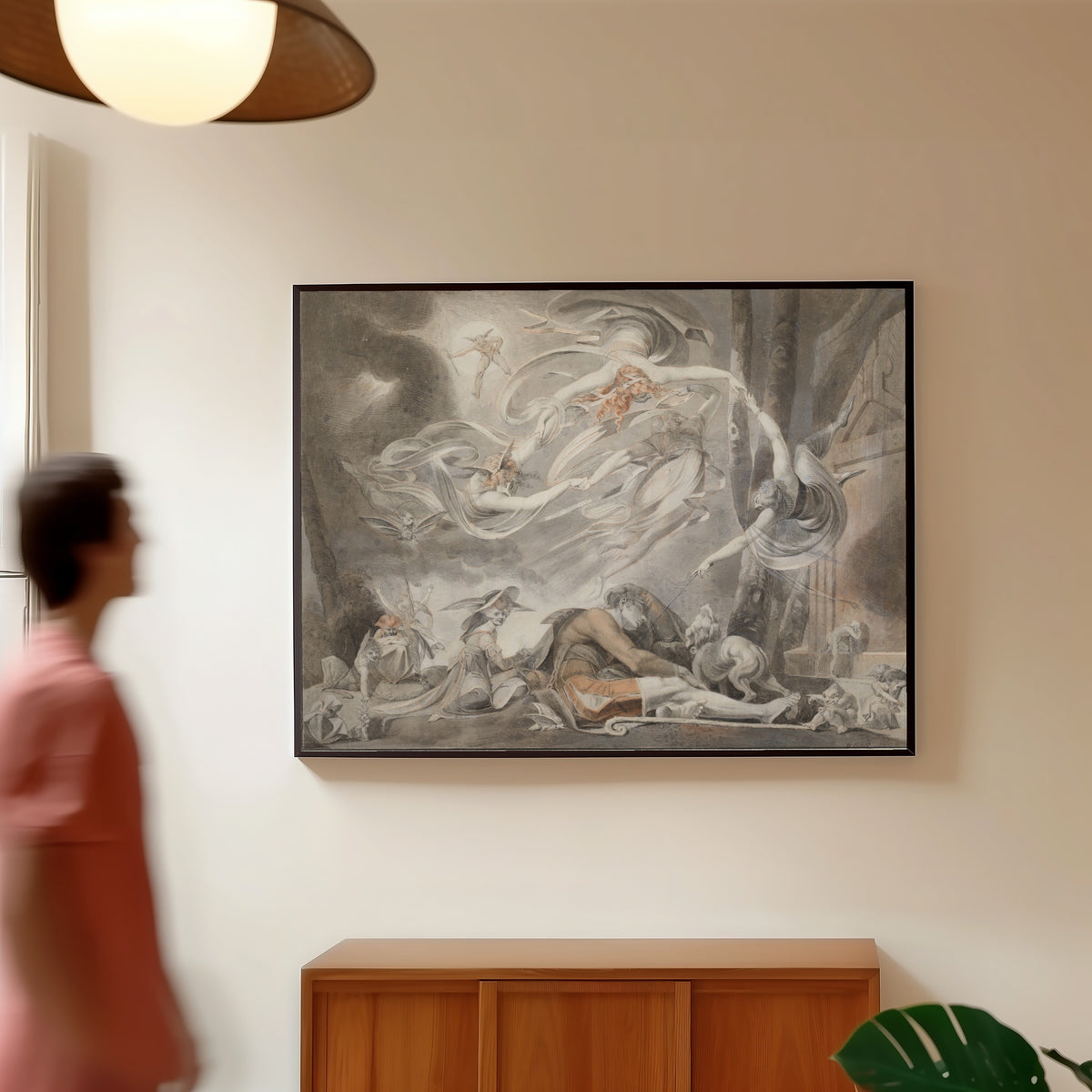 Framed art print of The Shepherd's Dream by Henry Fuseli, in a slim black frame on a warm wall in a sunlit room