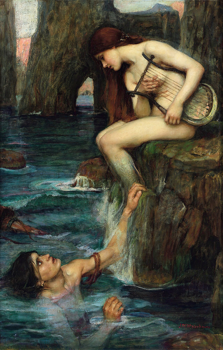 John William Waterhouse — The Siren | Pre-Raphaelite Art Print shown to scale on a wall above a sofa