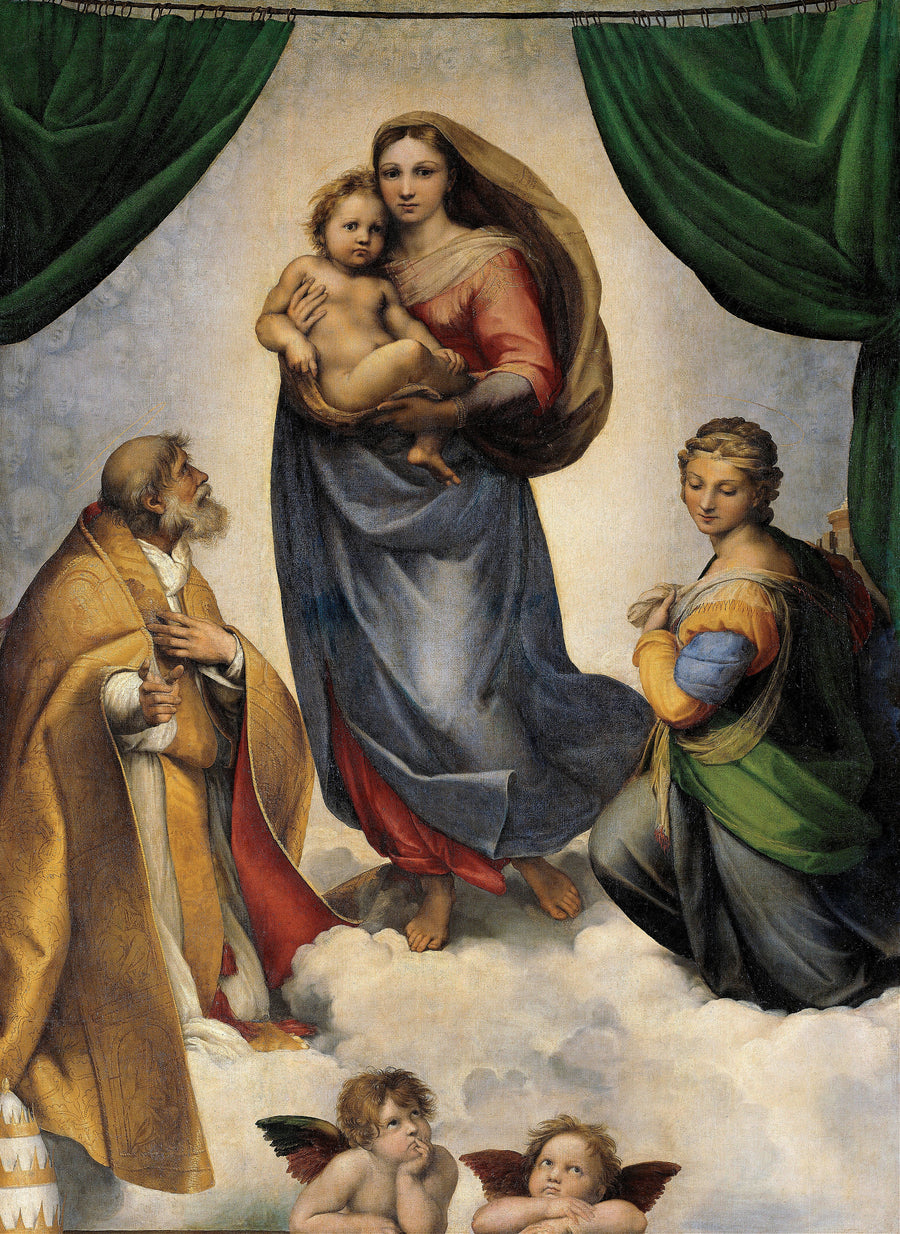 Raphael — The Sistine Madonna | Fine Art Print shown to scale on a wall above a sofa