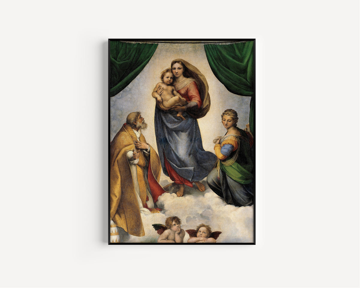 Framed art print of The Sistine Madonna by Raphael, in a slim black frame on a plain white wall
