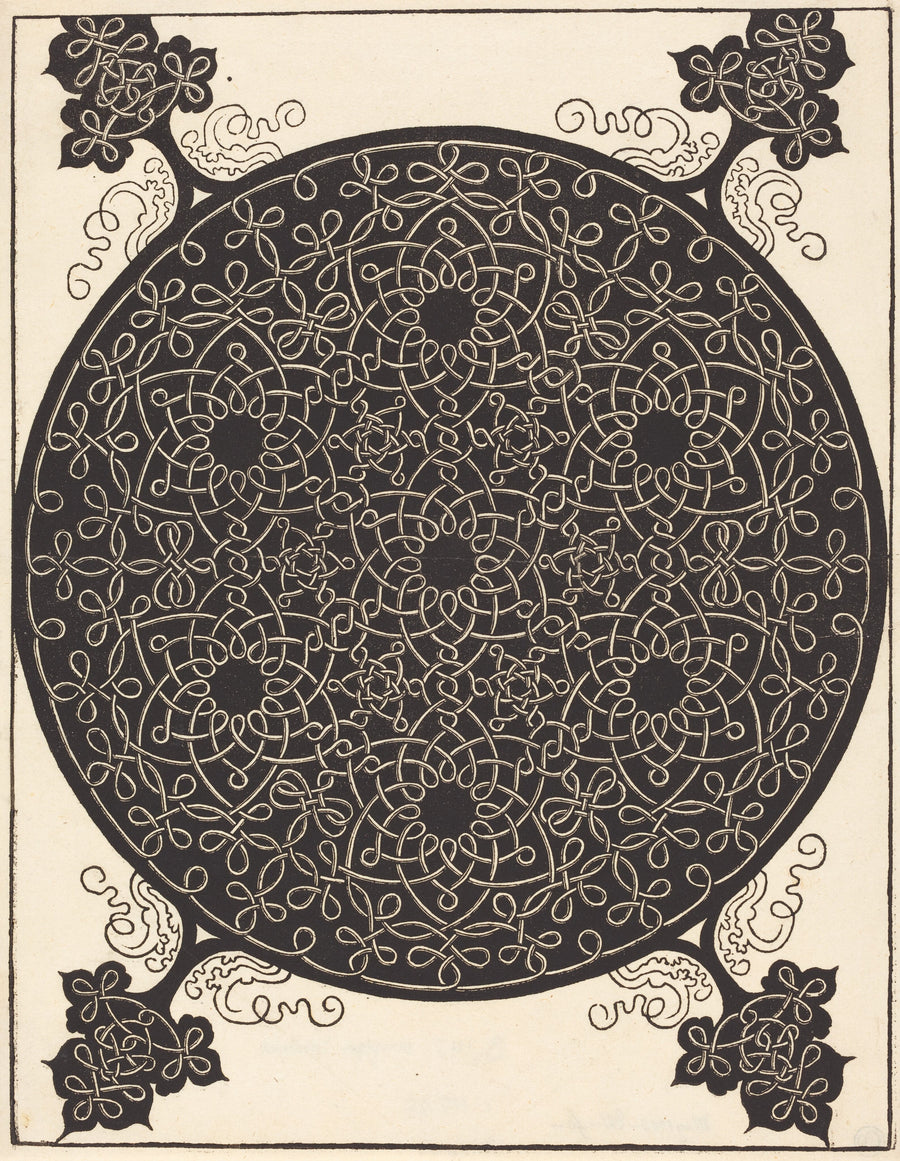 Albrecht Dürer — The Sixth Knot (combining seven small systems of knots with black centers) | Woodcut Print shown to scale on a wall above a sofa