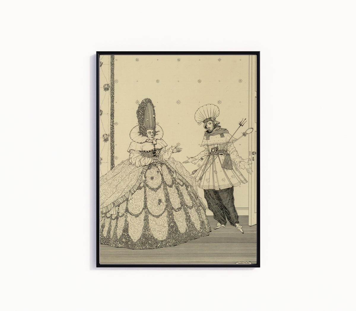 Framed art print of The Sleeping Beauty, The Fairy Tales of Charles Perrault by Harry Clarke, in a slim black frame on a plain white wall