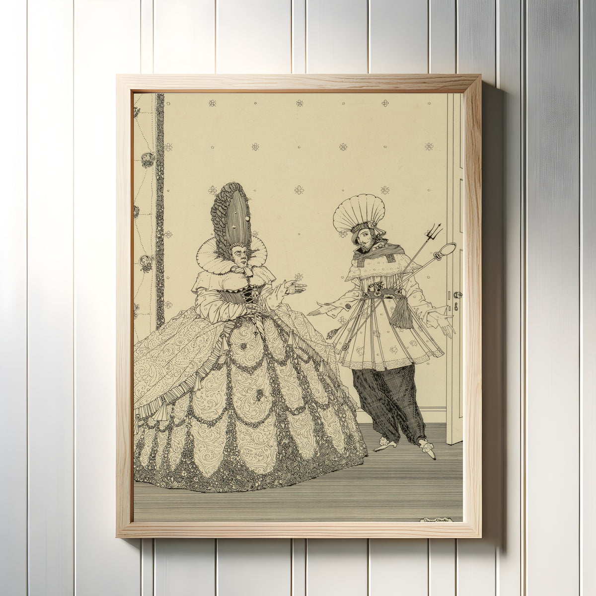 Framed art print of The Sleeping Beauty, The Fairy Tales of Charles Perrault by Harry Clarke, in a light wood frame on a white panelled wall