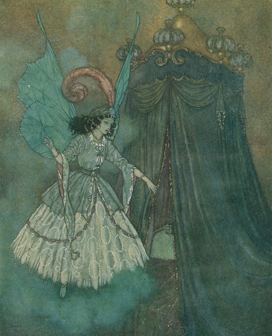 Edmund Dulac — The Sleeping Beauty and Other Fairy Tales: A Stately and Beautiful Lady | Fairy Tale Illustration Print shown to scale on a wall above a sofa