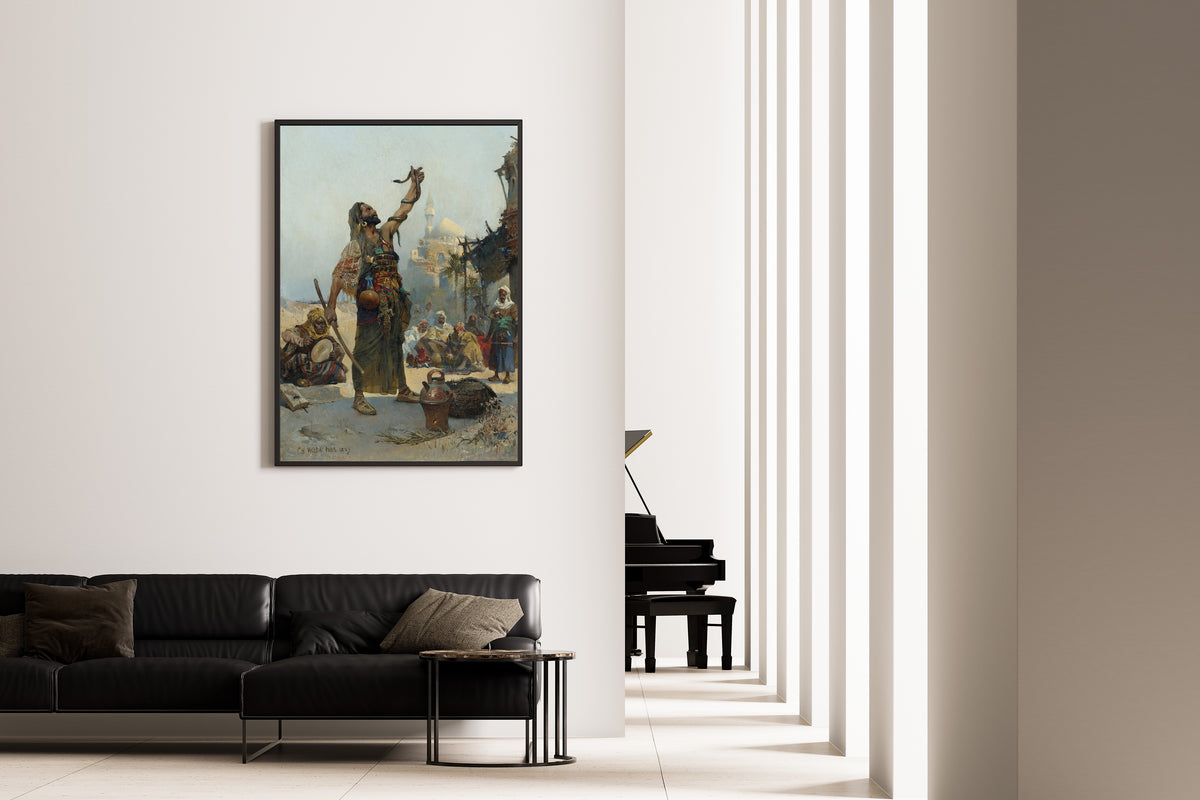 The Snake Charmer by Charles Wilda — framed on the wall of a minimal living room