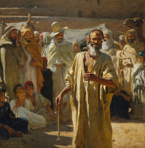 The Snake Charmer by Étienne Dinet — An old snake charmer grins in the sun, a snake coiled over his head