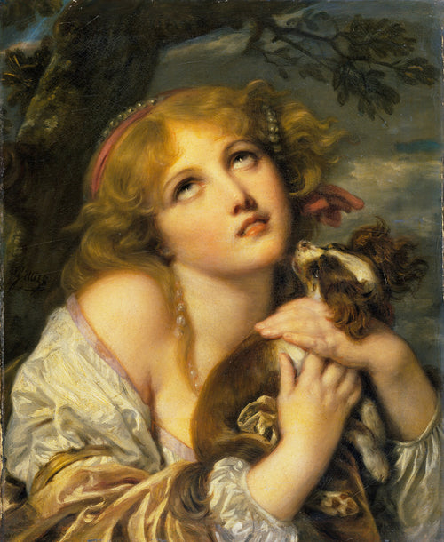 The Souvenir by Jean-Baptiste Greuze — A girl rolls her eyes skyward, clutching a spaniel puppy