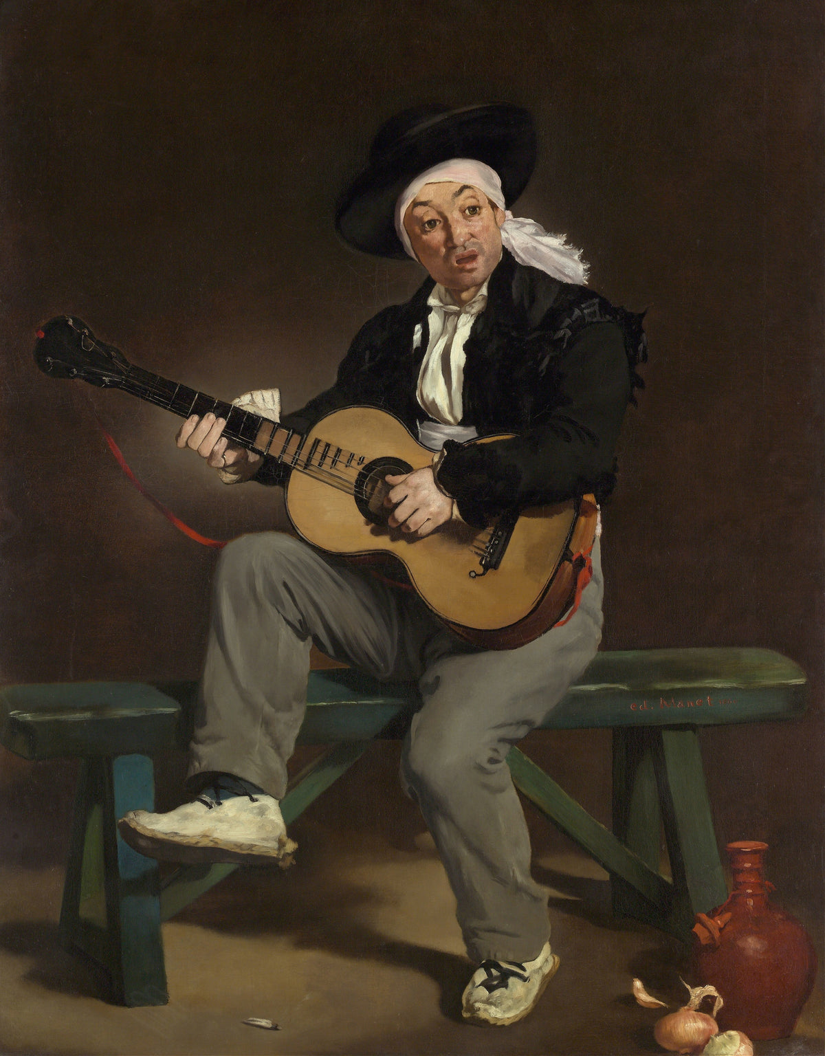 The Spanish Singer by Édouard Manet — A singer in a black hat and white headscarf plays guitar on a bench