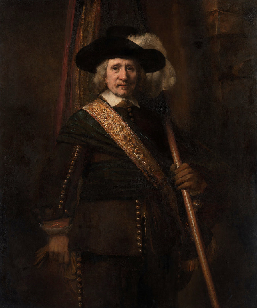 Rembrandt van Rijn — The Standard Bearer (probably Floris Soop, 1604–1657) | Fine Art Print shown to scale on a wall above a sofa
