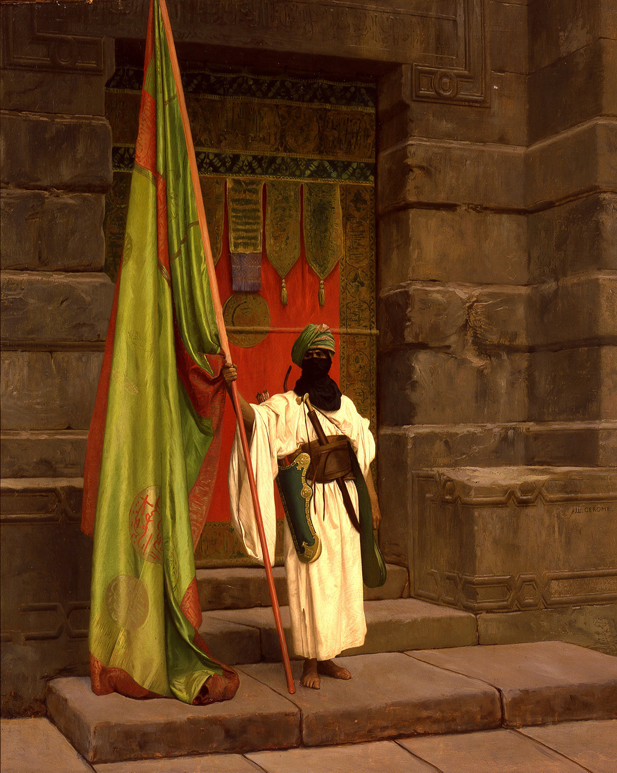 The Standing Bearer, Unfolding the Holy Flag by Jean-Léon Gérôme — A veiled bearer unfurls a great green silk banner at a stone gate