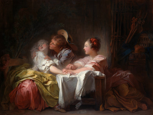 The Stolen Kiss by Jean-Honoré Fragonard — A youth steals a kiss from a girl while her friend holds the cards