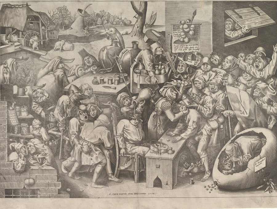 Pieter Bruegel the Elder — The Stone Operation or the Witch of Mallegem | Engraving Print shown to scale on a wall above a sofa