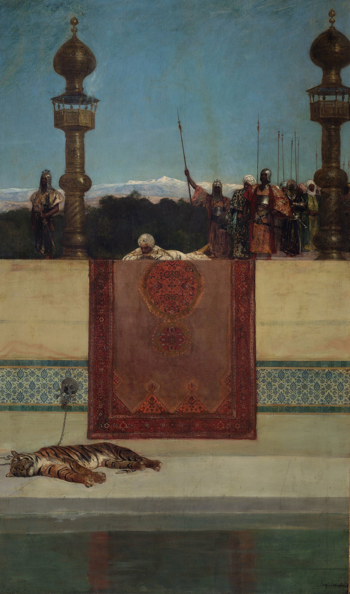 The Sultan's Tiger by Jean-Joseph Benjamin-Constant — A chained tiger sleeps on a palace terrace beneath armed guards