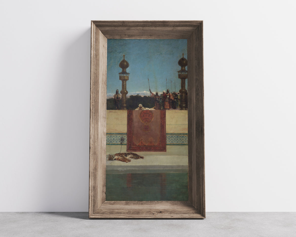 Framed art print of The Sultan's Tiger by Jean-Joseph Benjamin-Constant, in a wide wooden frame leaning against a concrete wall