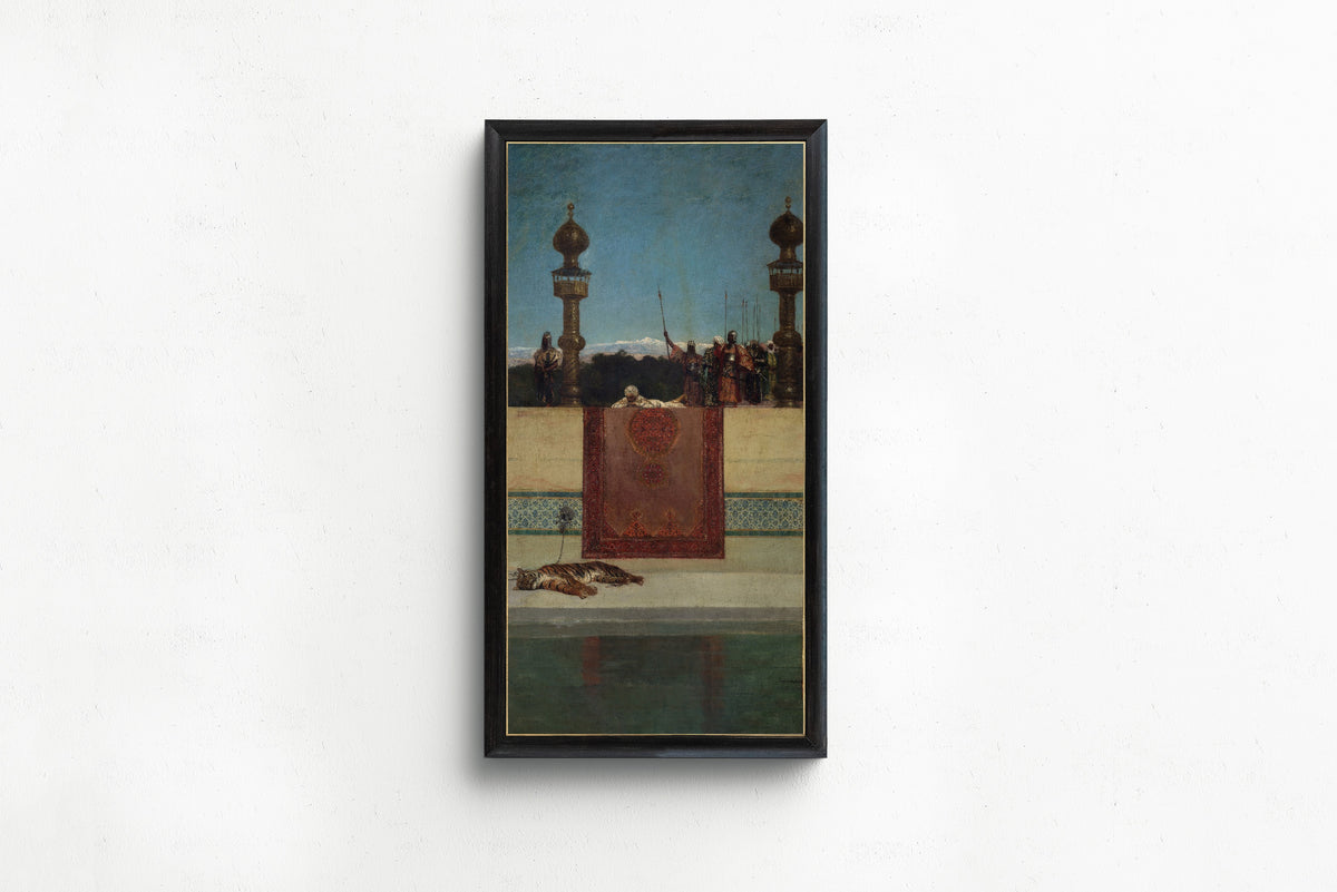 Framed art print of The Sultan's Tiger by Jean-Joseph Benjamin-Constant, in a slim black frame on a plain white wall