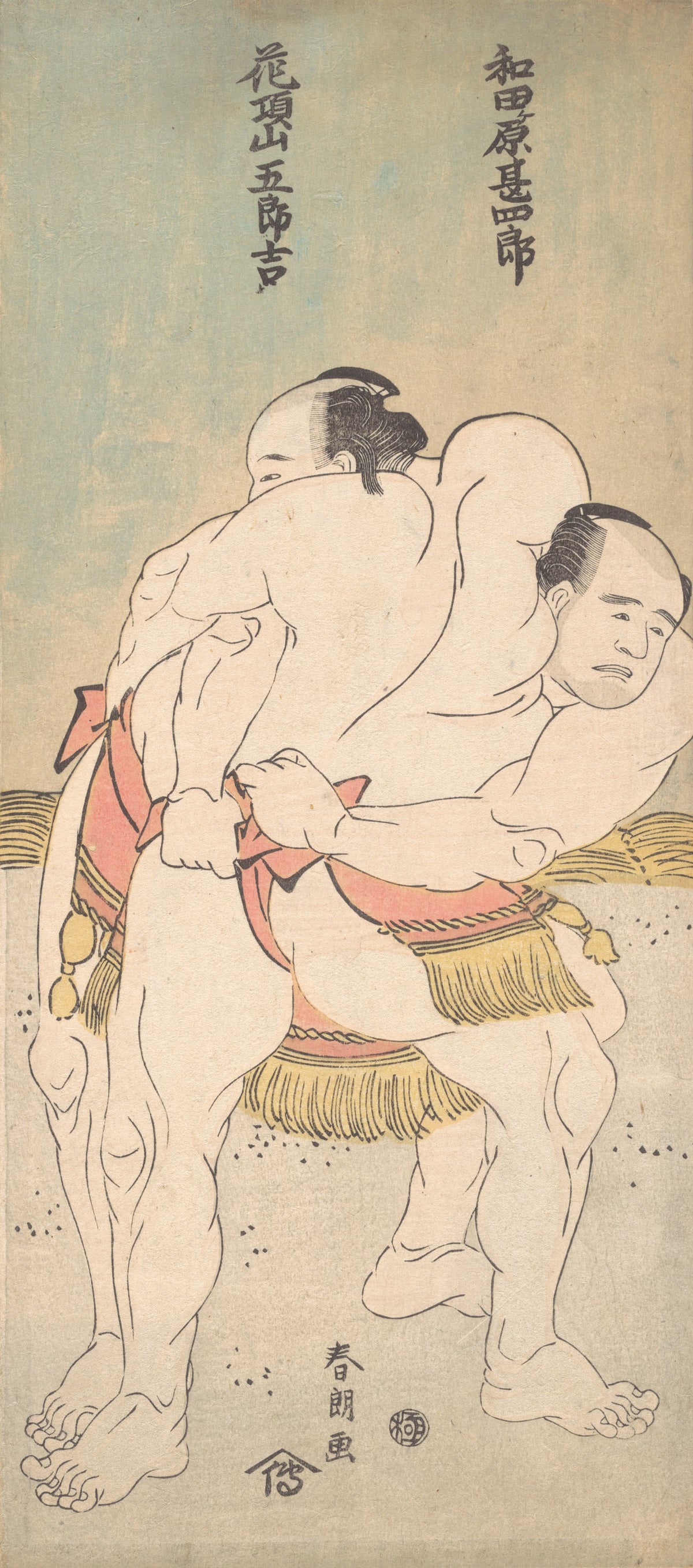 The Sumo Wrestlers Wadagahara Jinshirō and Kachōzan Gorokichi by Katsushika Hokusai — Two sumo wrestlers lock together in a belt hold