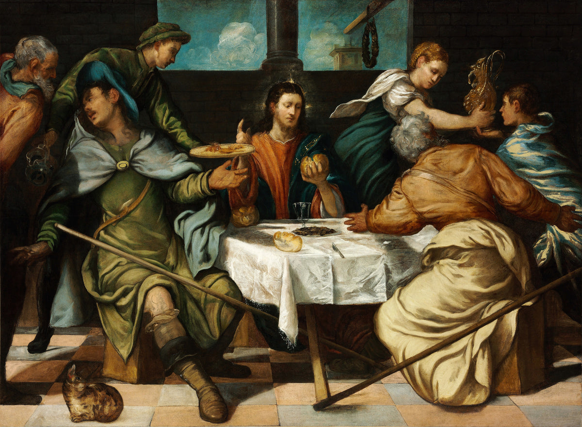 The Supper at Emmaus by Tintoretto — Seven figures at table, a cat curled on the tiled floor