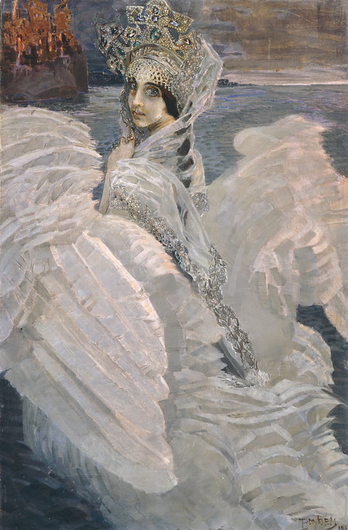 The Swan Princess by Mikhail Vrubel — A swan princess in a jewelled crown looks back across a grey sea
