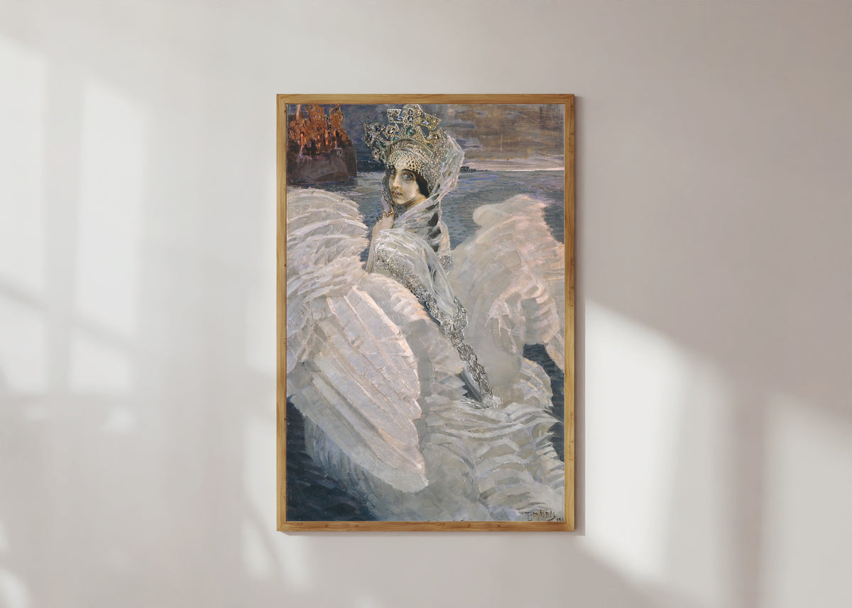 Framed art print of The Swan Princess by Mikhail Vrubel, in a light wood frame on a sunlit white wall
