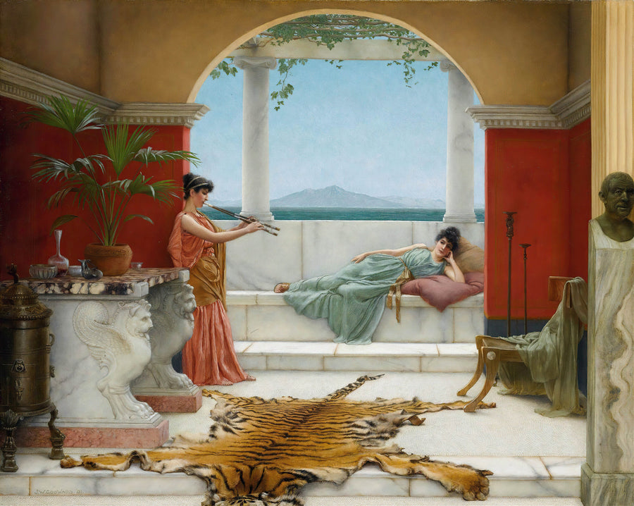 John William Godward — The Sweet Siesta of a Summer Day | Art Print shown to scale on a wall above a sofa