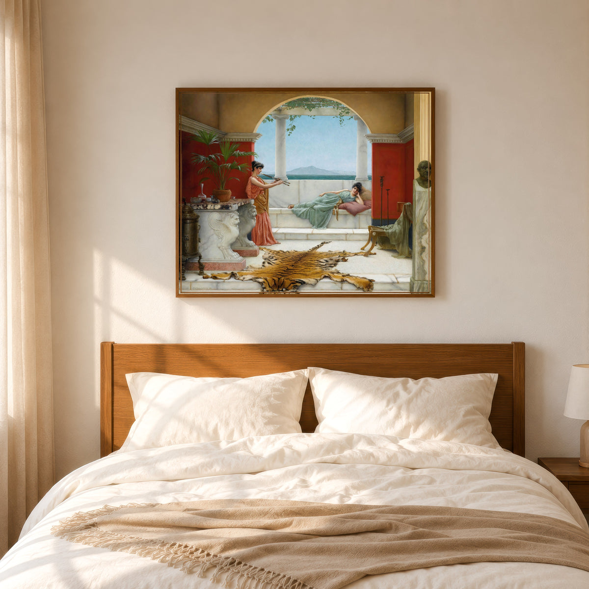 Framed art print of The Sweet Siesta of a Summer Day by John William Godward, in a slim wood frame above a bed in a sunlit bedroom