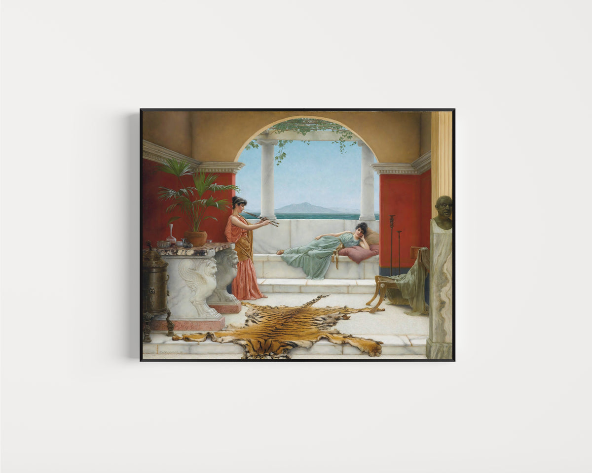 Framed art print of The Sweet Siesta of a Summer Day by John William Godward, in a slim black frame on a plain white wall